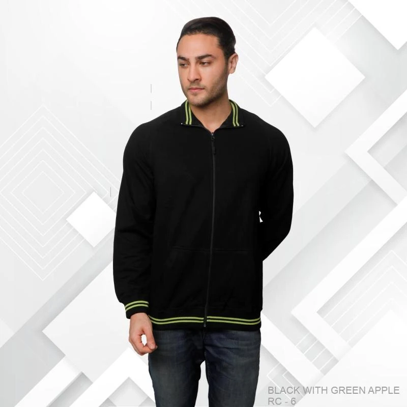 Black And Apple Green Plain Full Zip High Neck Sweatshirt - Unisex