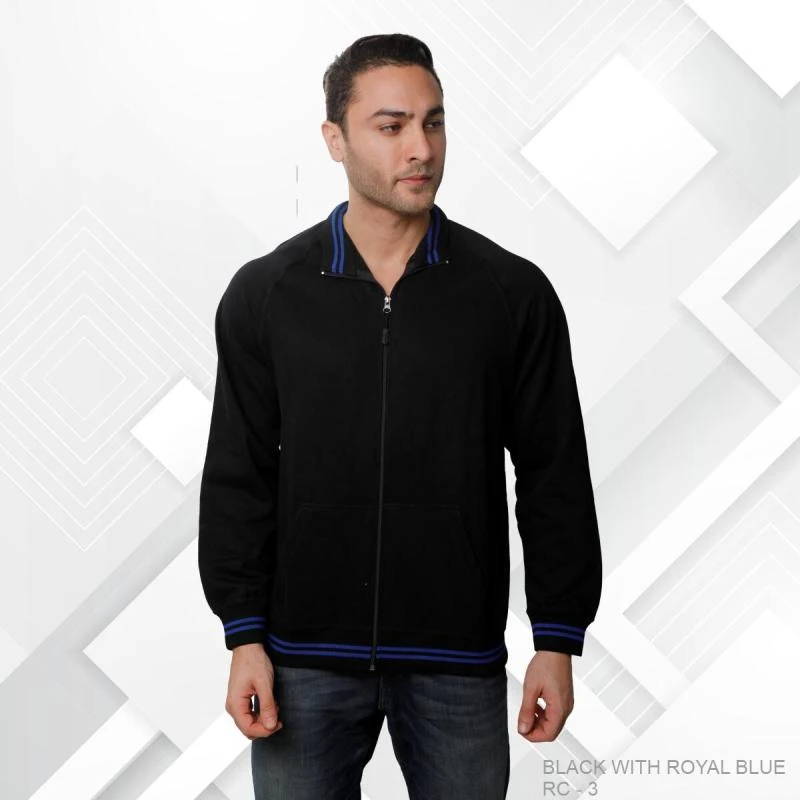 Black And Royal Blue Plain Full Zip High Neck Sweatshirt - Unisex