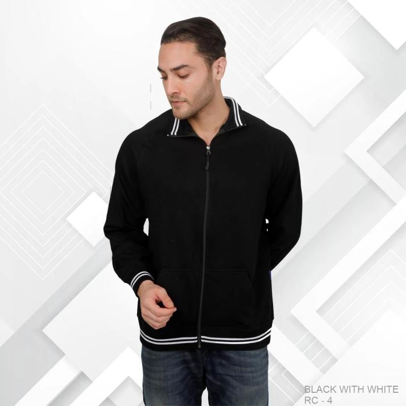 Black And White Plain Full Zip High Neck Sweatshirt - Unisex