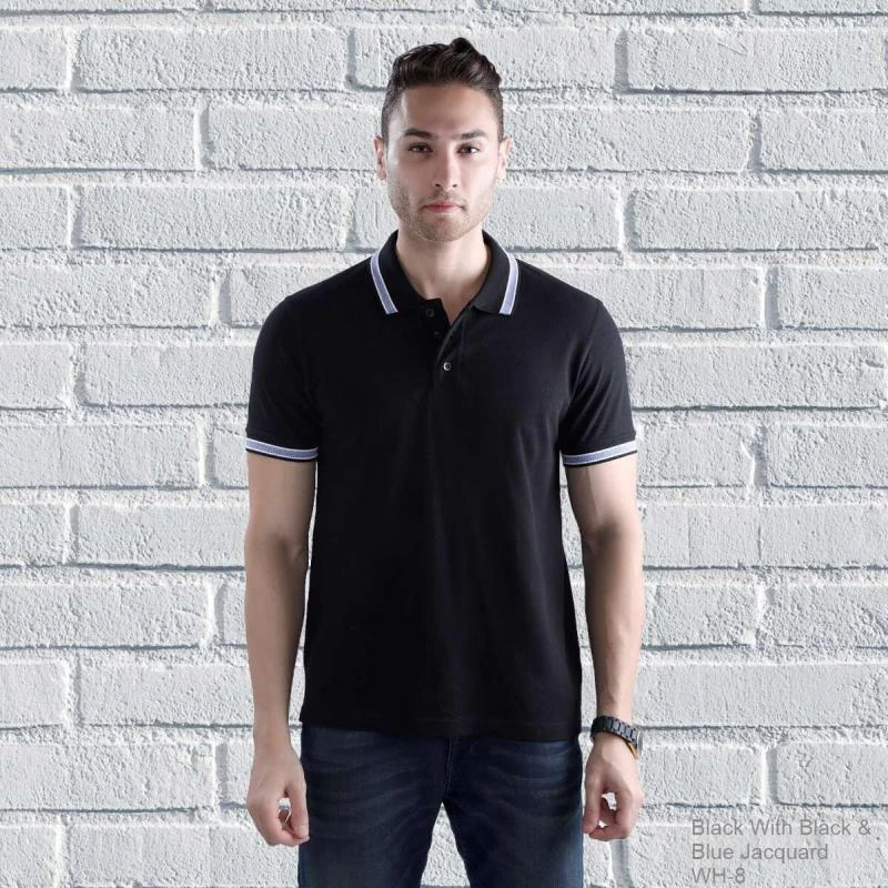 Black Black Blue Plain Jacquard Collar Polo T-shirt - 100% Cotton Unisex - 260 GSM