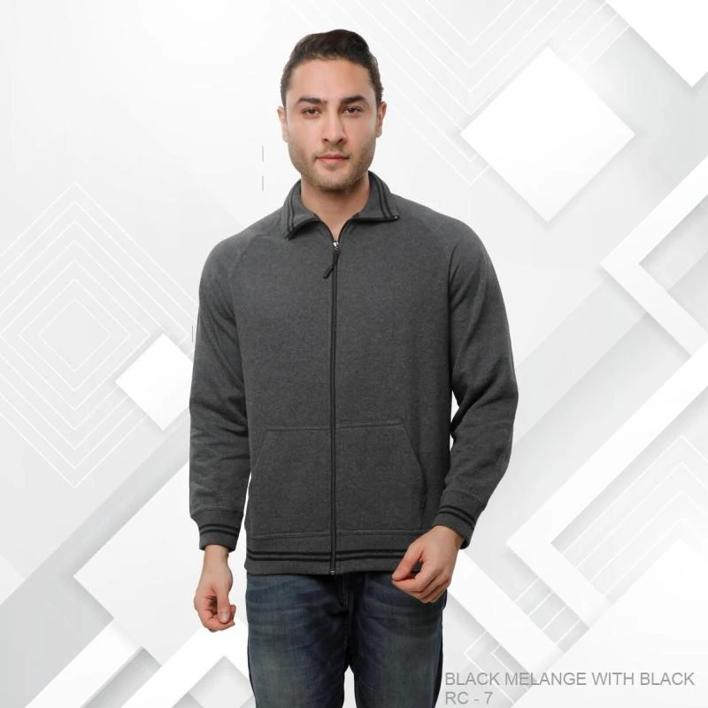Black Melange And Black Plain Full Zip High Neck Sweatshirt - Unisex