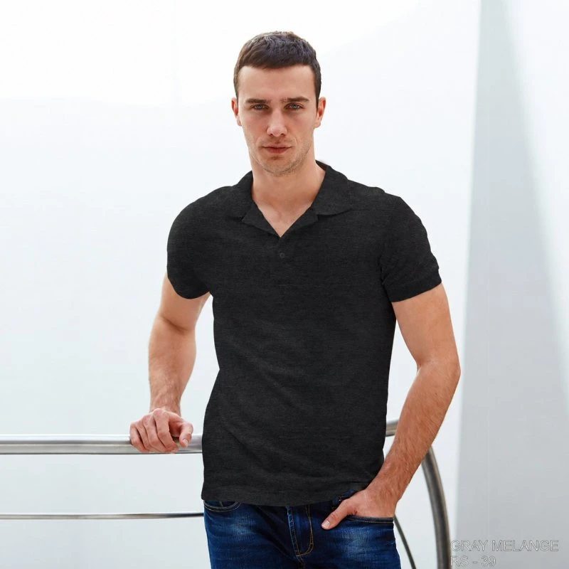 Black Melange Plain Collar Polo T-shirt - 100% Cotton Unisex - 260 GSM