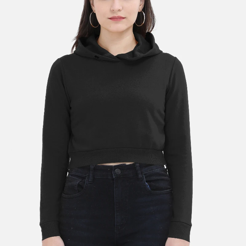 Black Plain Women Crop Hoodie