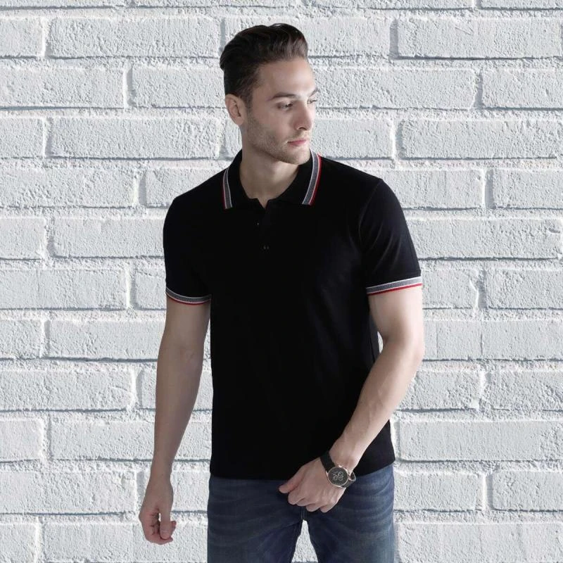 Black Red Black Plain Jacquard Collar Polo T-shirt - 100% Cotton Unisex - 260 GSM product image