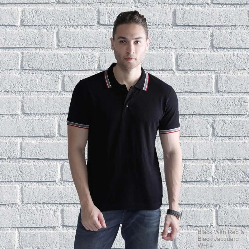 Black Red Black Plain Jacquard Collar Polo T-shirt - 100% Cotton Unisex - 260 GSM