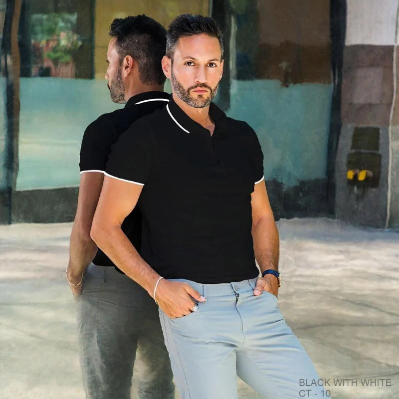 Black With White Plain Tipping Collar Polo T-shirt - 100% Cotton Unisex - 230 GSM