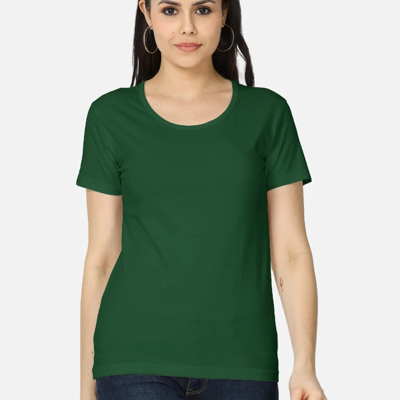 Bottle Green Plain Women Round Neck T-shirt