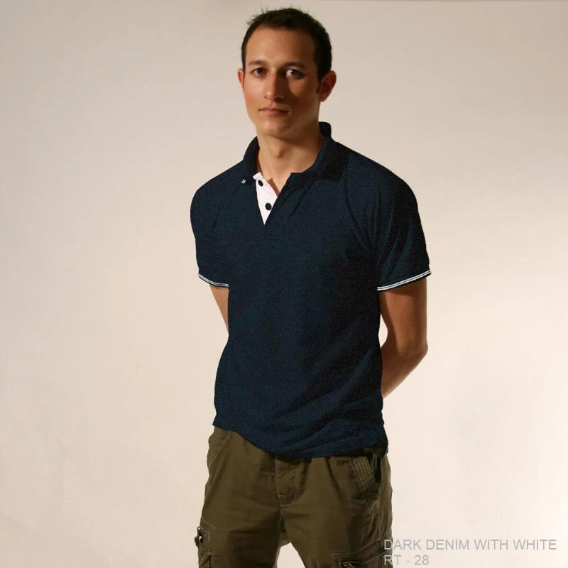 Dark Denim With White Plain Tipping Collar Polo T-shirt - 100% Cotton Unisex - 260 GSM