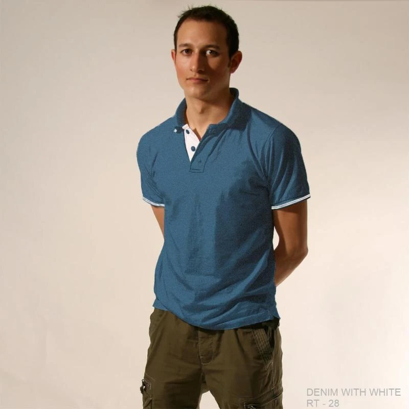 Denim With White Plain Tipping Collar Polo T-shirt - 100% Cotton Unisex - 260 GSM