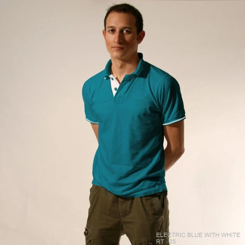 Electric Blue With White Plain Tipping Collar Polo T-shirt - 100% Cotton Unisex - 260 GSM