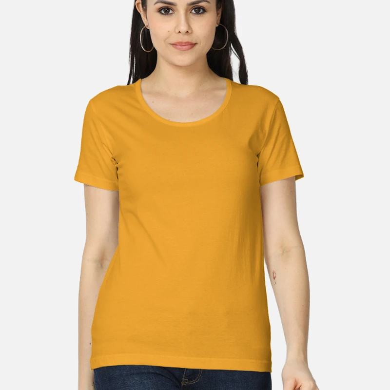 Golden Yellow Plain Women Round Neck T-shirt