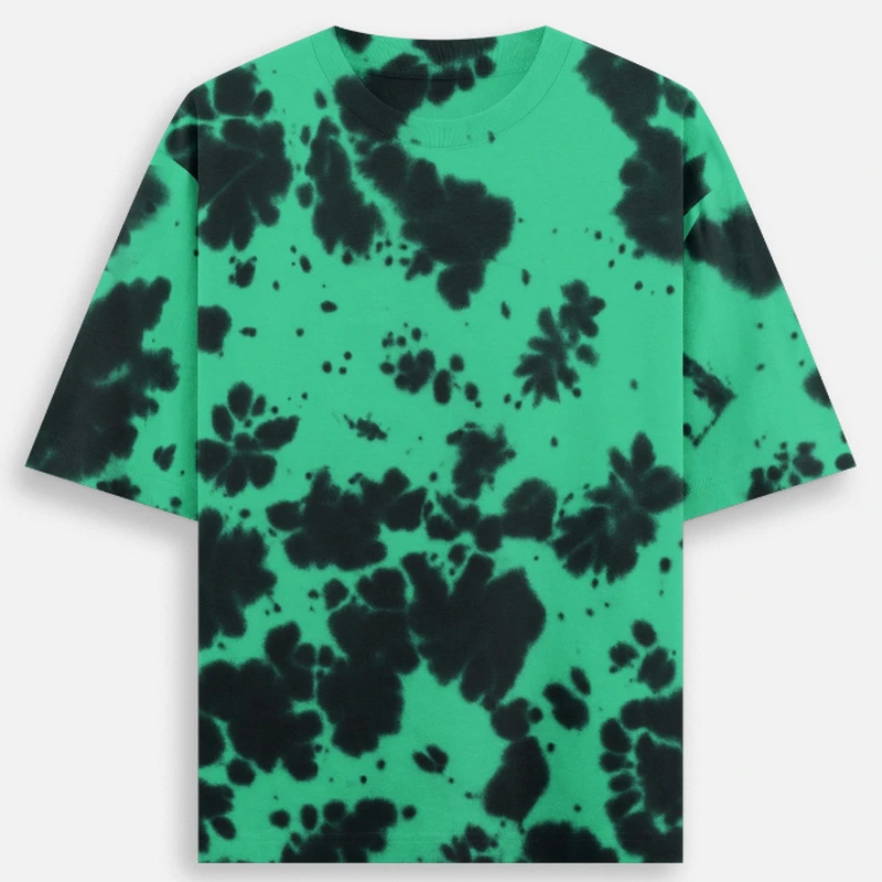 Green Black Plain Tie Dye Oversized Round Neck T-Shirt - 260 GSM Unisex