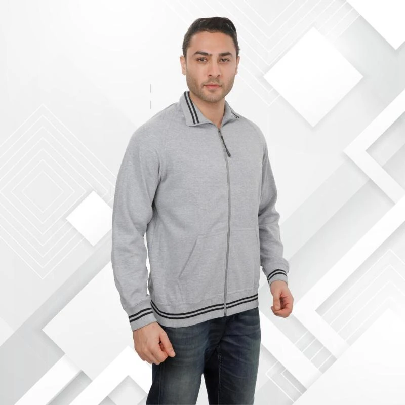 Grey Melange And Black Plain Full Zip High Neck Sweatshirt product image