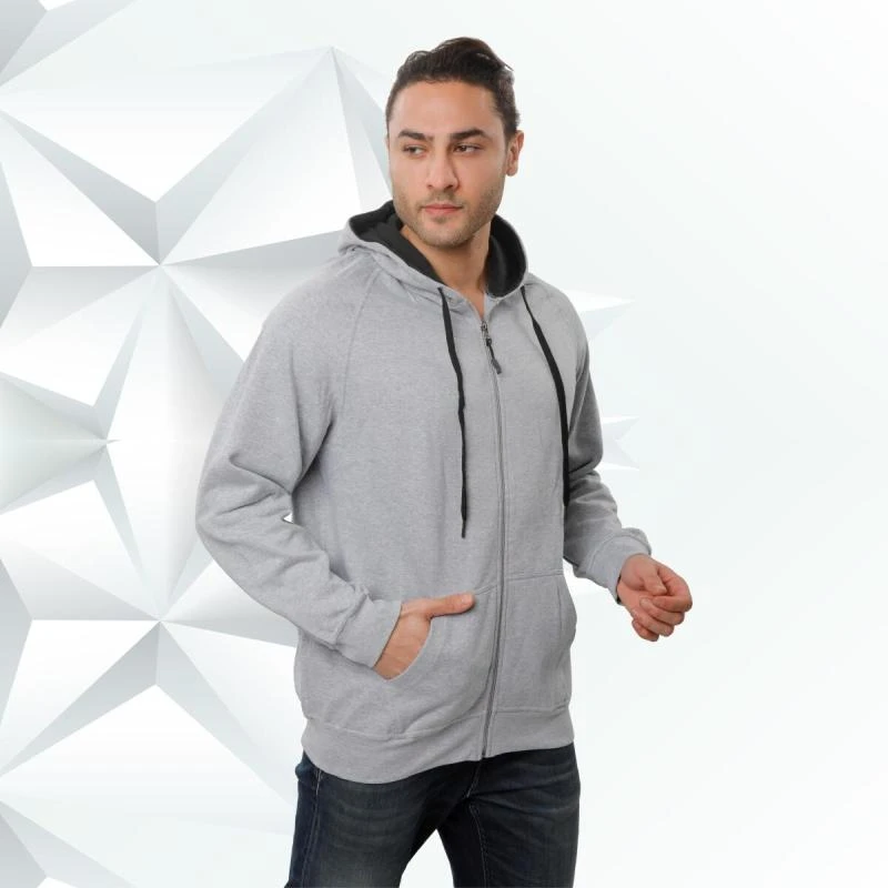 Grey Melange And Black Plain Zip Hoodie product image