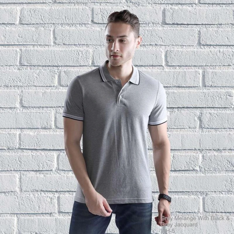 Grey Melange Black Grey Plain Jacquard Collar Polo T-shirt - 100% Cotton Unisex - 260 GSM