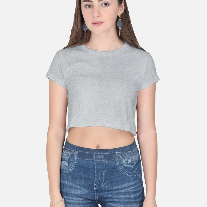 Grey Melange Plain Women Crop Top