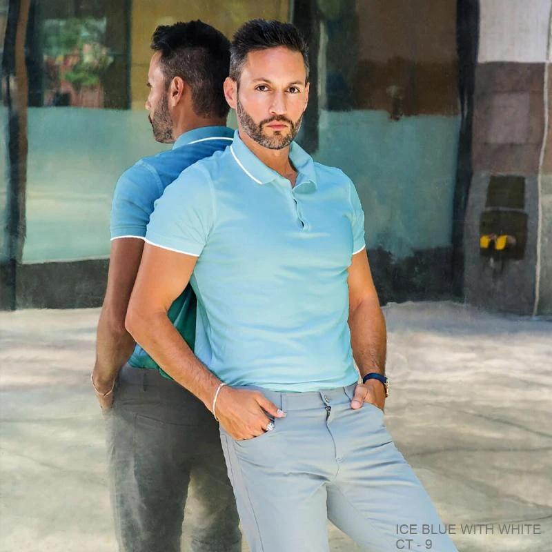 Ice Blue With White Plain Tipping Collar Polo T-shirt - 100% Cotton Unisex - 230 GSM