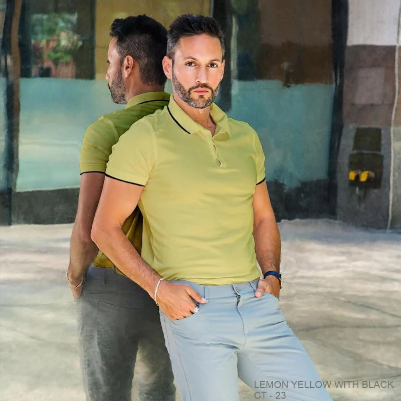 Lemon Yellow With Black Plain Tipping Collar Polo T-shirt - 100% Cotton Unisex - 230 GSM