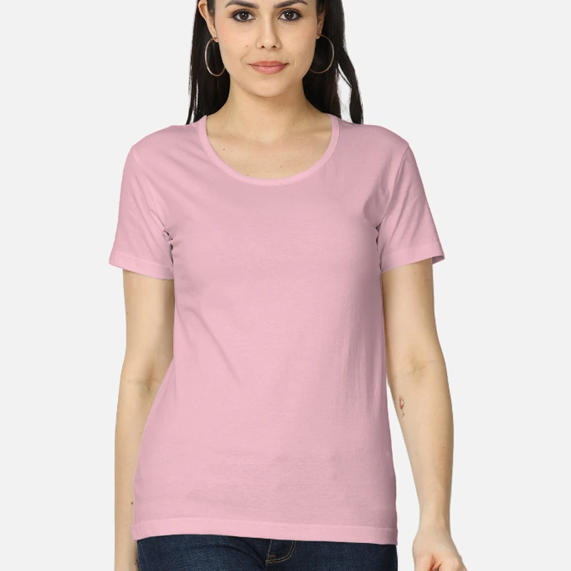 Light Pink Plain Women Round Neck T-shirt