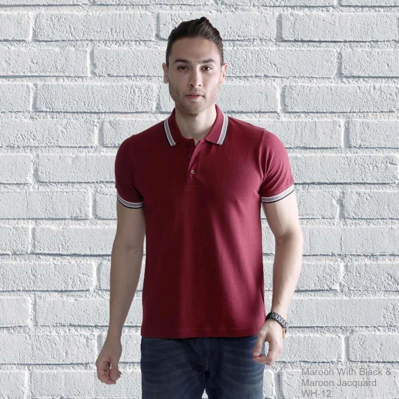 Maroon Black Maroon Plain Jacquard Collar Polo T-shirt - 100% Cotton Unisex - 260 GSM