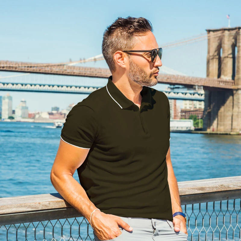 Military Green With White Plain Tipping Collar Polo T-shirt - 100% Cotton Unisex - 230 GSM product image