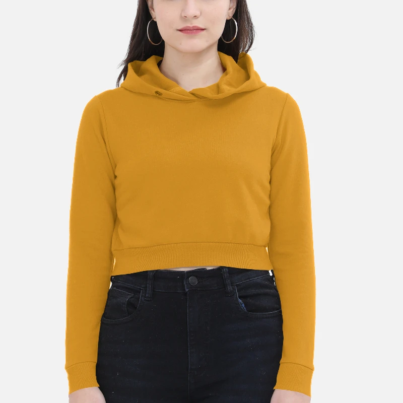 Mustard Yellow Plain Women Crop Hoodie
