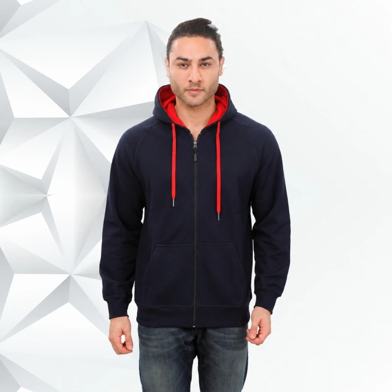Navy And Red Plain Zip Hoodie - Unisex
