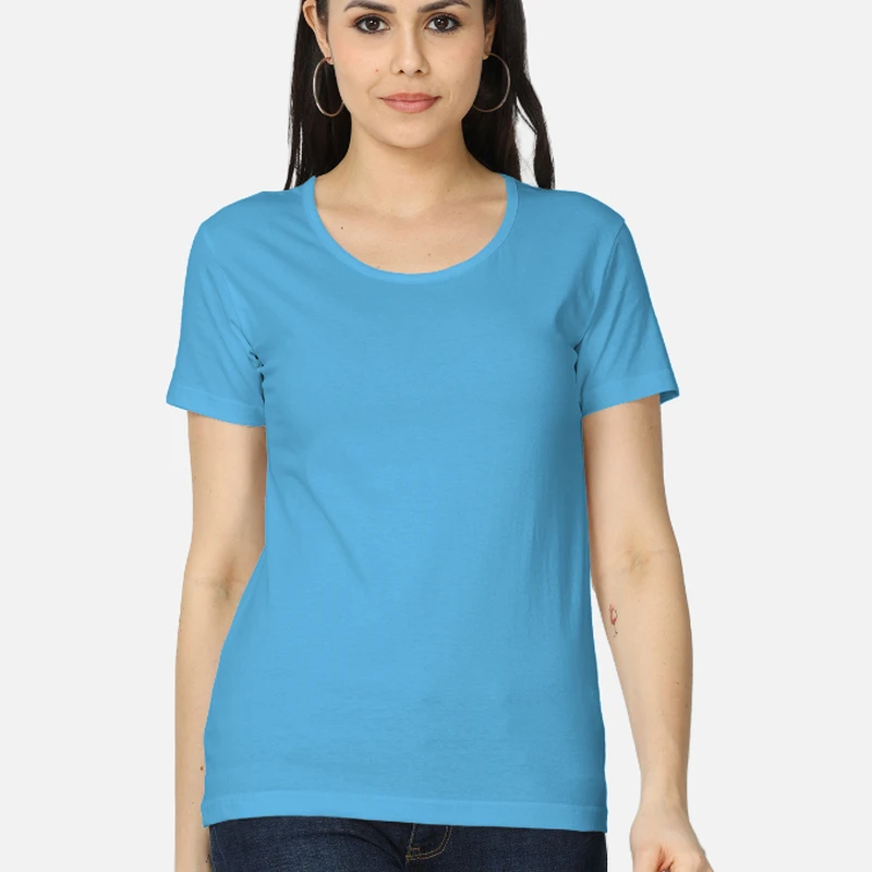 New Sky Blue Plain Women Round Neck T-shirt