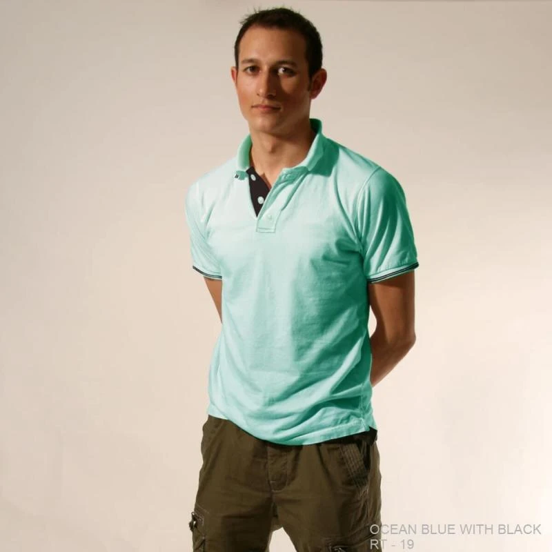 Ocean Blue With Black Plain Tipping Collar Polo T-shirt - 100% Cotton Unisex - 260 GSM