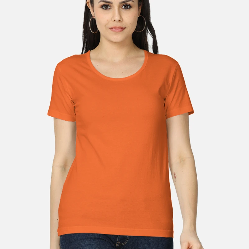 Orange Plain Women Round Neck T-shirt