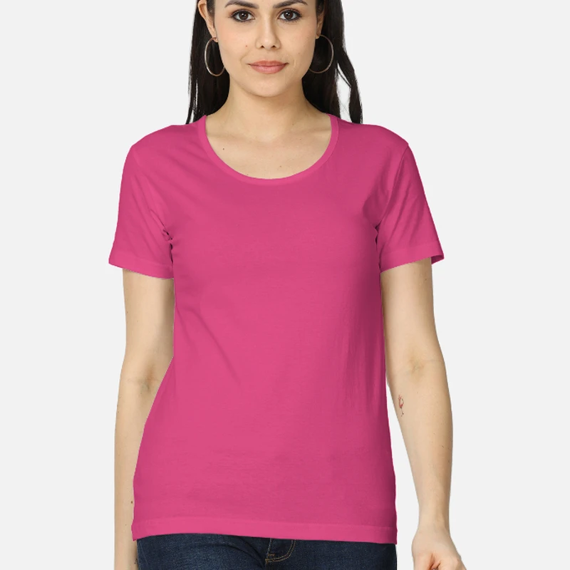 Pink Plain Women Round Neck T-shirt