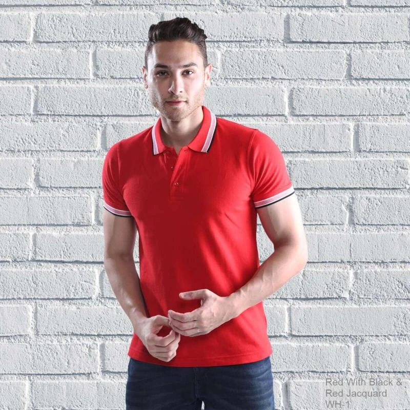 Red Black Red Plain Jacquard Collar Polo T-shirt - 100% Cotton Unisex - 260 GSM