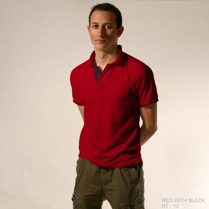 Red With Black Plain Tipping Collar Polo T-shirt - 100% Cotton Unisex - 260 GSM