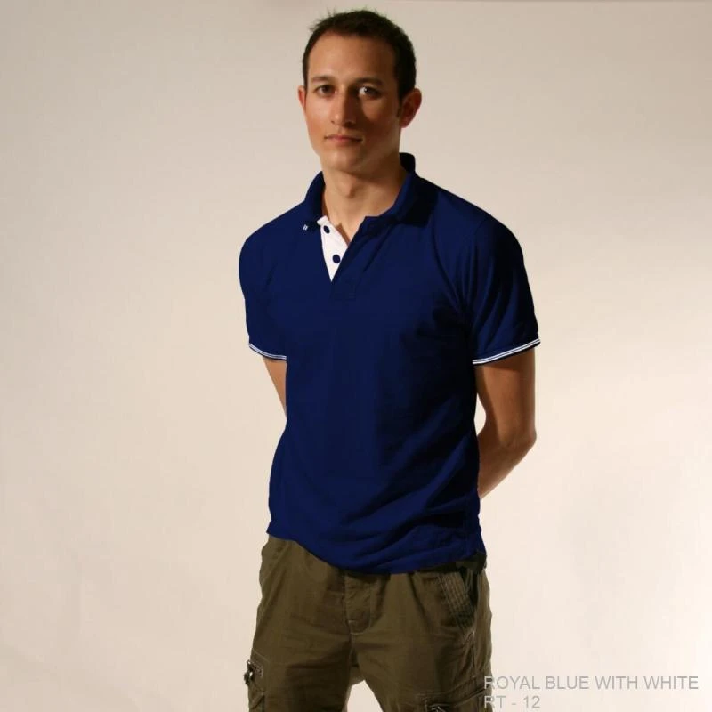 Royal Blue With White Plain Tipping Collar Polo T-shirt - 100% Cotton Unisex - 260 GSM