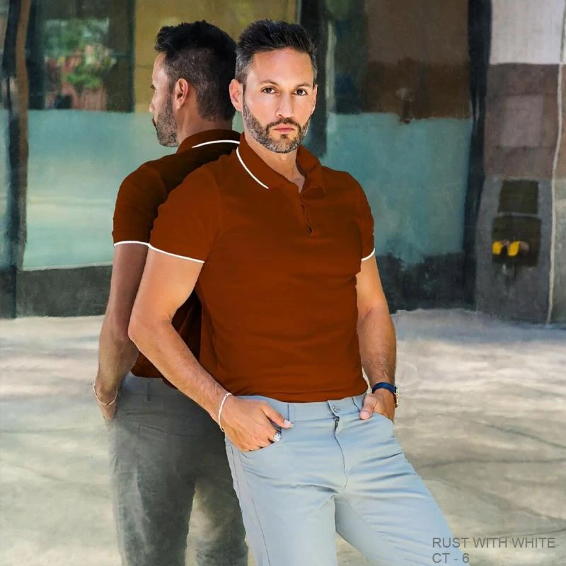 Rust With White Plain Tipping Collar Polo T-shirt - 100% Cotton Unisex - 230 GSM