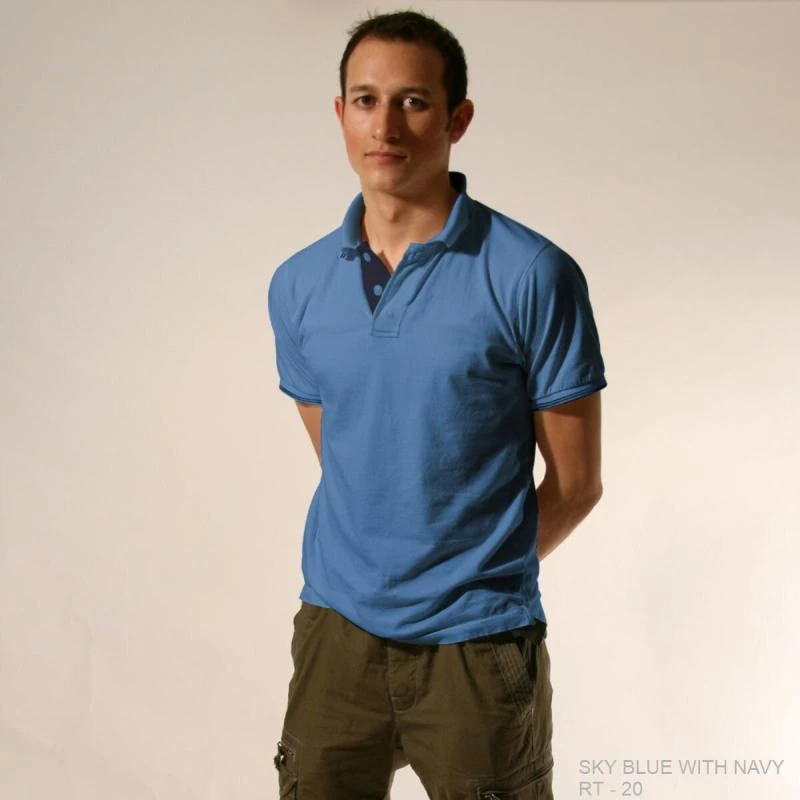 Sky Blue With Navy Plain Tipping Collar Polo T-shirt - 100% Cotton Unisex - 260 GSM