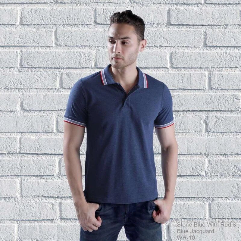Stone Blue Red Blue Plain Jacquard Collar Polo T-shirt - 100% Cotton Unisex - 260 GSM
