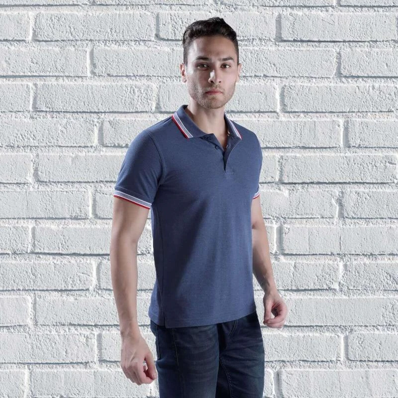 Stone Blue Red Blue Plain Jacquard Collar Polo T-shirt - 100% Cotton Unisex - 260 GSM product image