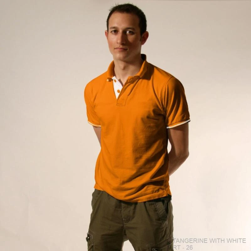 Tangerine With White Plain Tipping Collar Polo T-shirt - 100% Cotton Unisex - 260 GSM