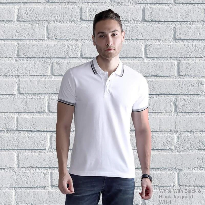 White Black Black Plain Jacquard Collar Polo T-shirt - 100% Cotton Unisex - 260 GSM