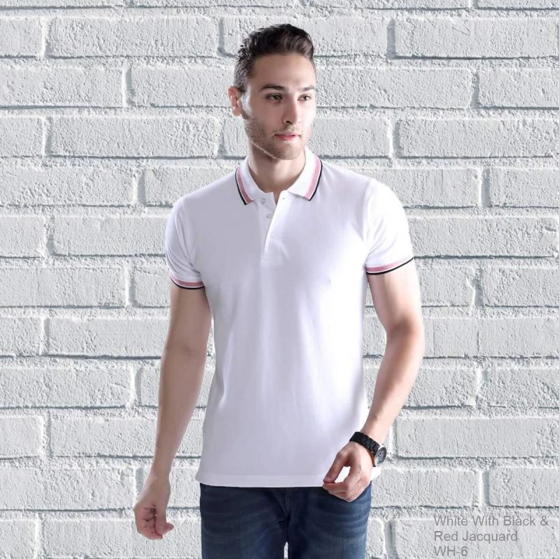 White Black Red Plain Jacquard Collar Polo T-shirt - 100% Cotton Unisex - 260 GSM
