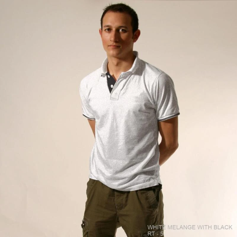 White Melange With Black Plain Tipping Collar Polo T-shirt - 100% Cotton Unisex - 260 GSM